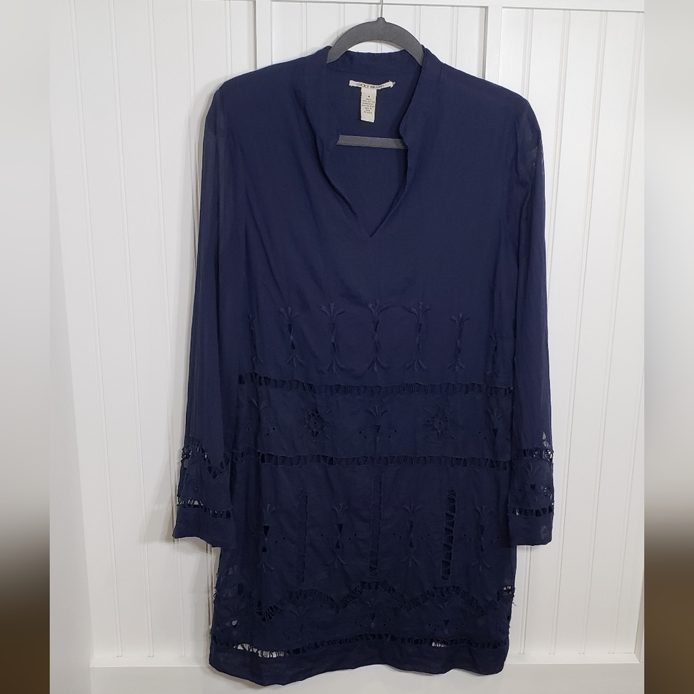 Lucky Brand Boho Midi Long Sleeve Dress Embroided Navy Dress Medium EUC